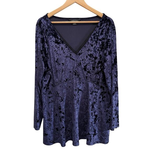 Michel Studio Blue Crushed Velvet Lace Babydoll Top Sz 2X Boho Witchy Flowy Goth - Picture 2 of 8